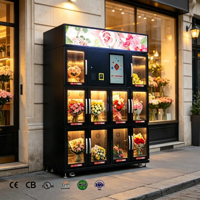 Luxury Smart Floral Bouquet Vending Machine Smart Cloud Data System Refrigerated Bouquet Lockers Touchscreen Custom Graphics