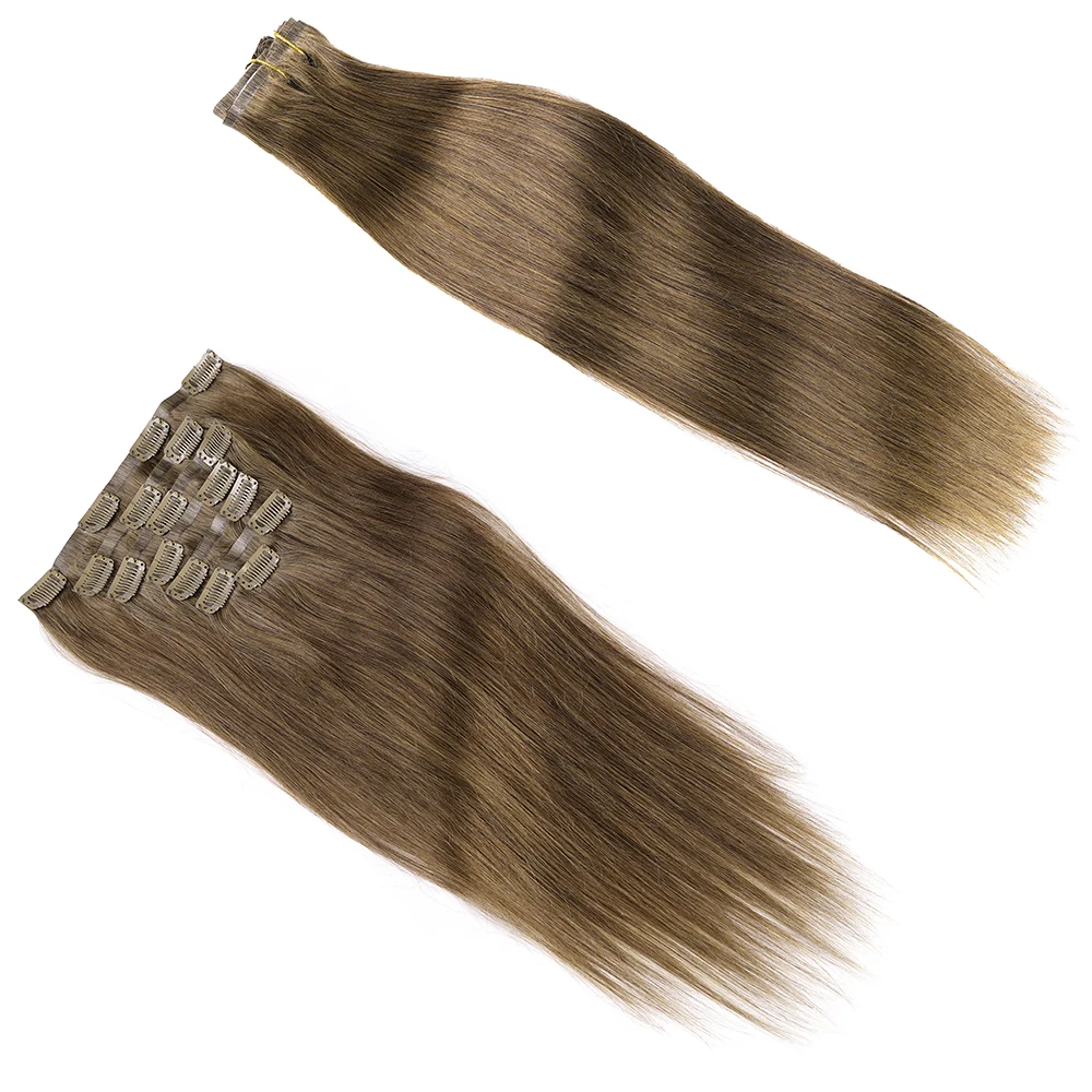 PU Clip in Hair Extensions Real Hair Clip ins #6 Seamless Clip in Human Hair Extensions 24 Inch 7 Pcs PU Skin Weft 120 Grams