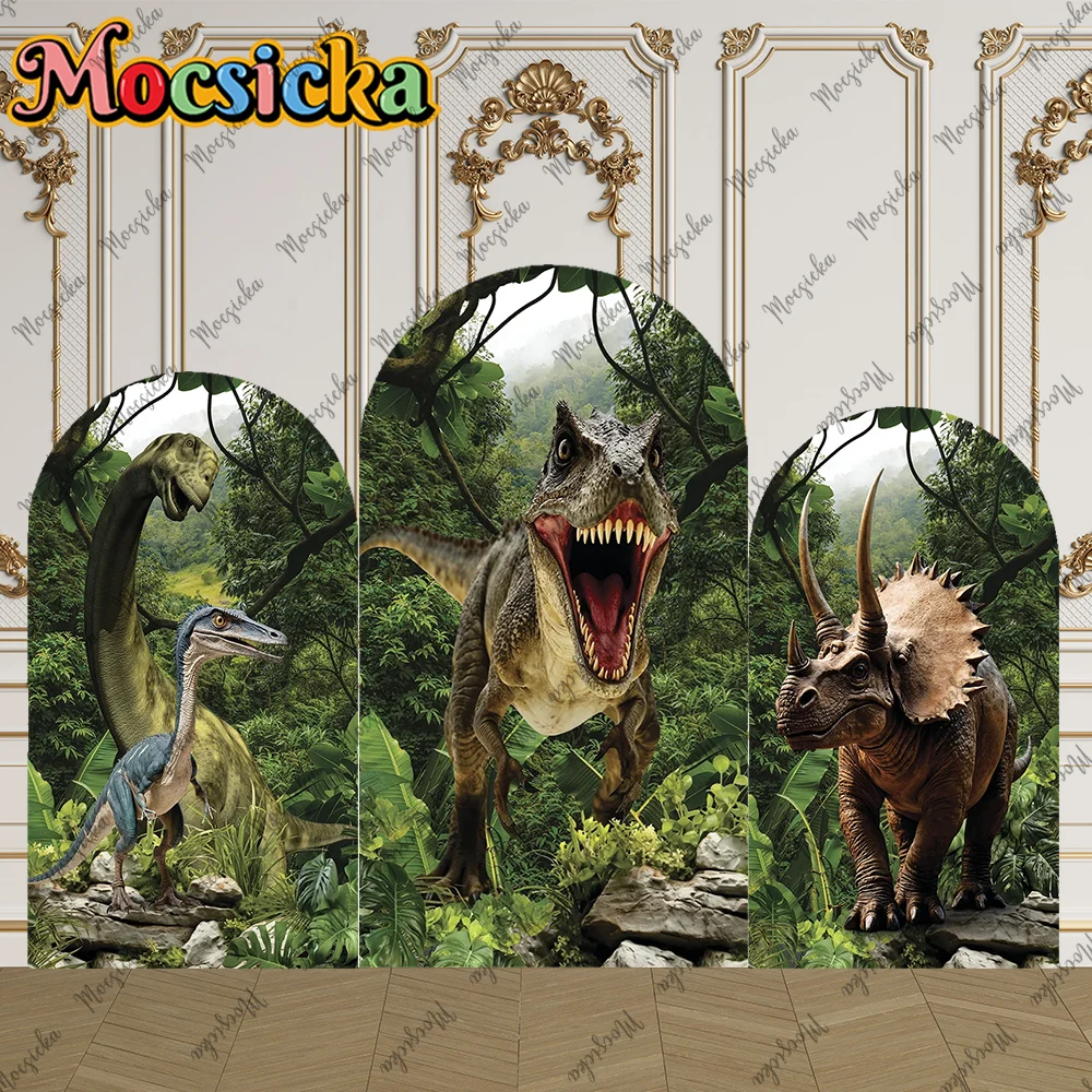 Mocsicka 2-seitige Bogenabdeckung mit Jurassic-Dinosaurier-Motiv, Dekorationshintergrund, Wanddekoration für Babyparty, Kuchenzeremonie, Geburtstagsfeier, Foto-Requisiten