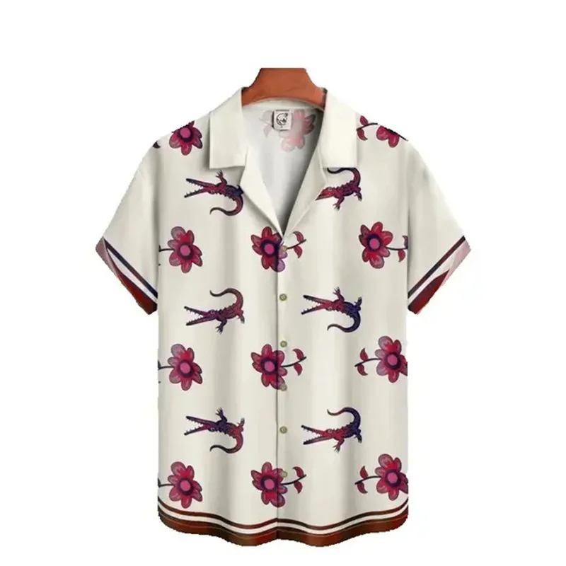 

2025 New 3D Men's Summer Crocodile Shirt Poliester Cartoon Printed Cuban Neck Short Sleeve, Fashionable and Comfortable