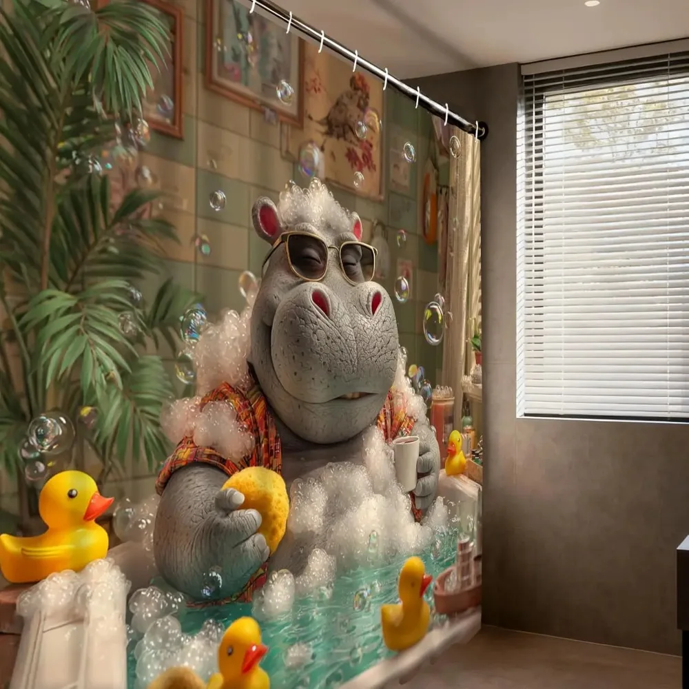 Hippo Bath Time Printed Shower Curtain Funny Animal Artwork for Relaxing Bathroom Decor