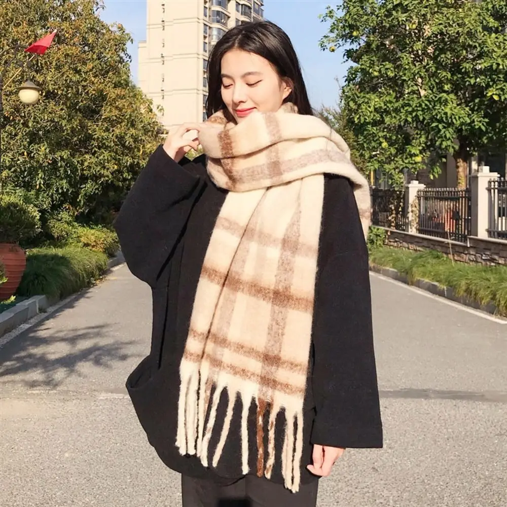 Versatile Cold Proof Women Mohair Plaid Scarf Thermal Windproof Warm Tassel Shawl Wrap 240x40CM Fall Winter Neck Scarf Casual