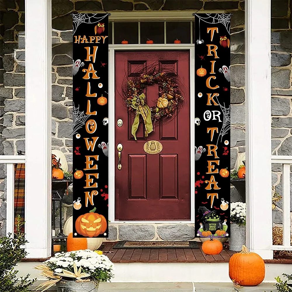 1pc for Halloween Welcome Banner, Featuring a Design with Pumpkins, Spider Webs, And Skeletons, Measuring 70.8 Inches by 11.8 In