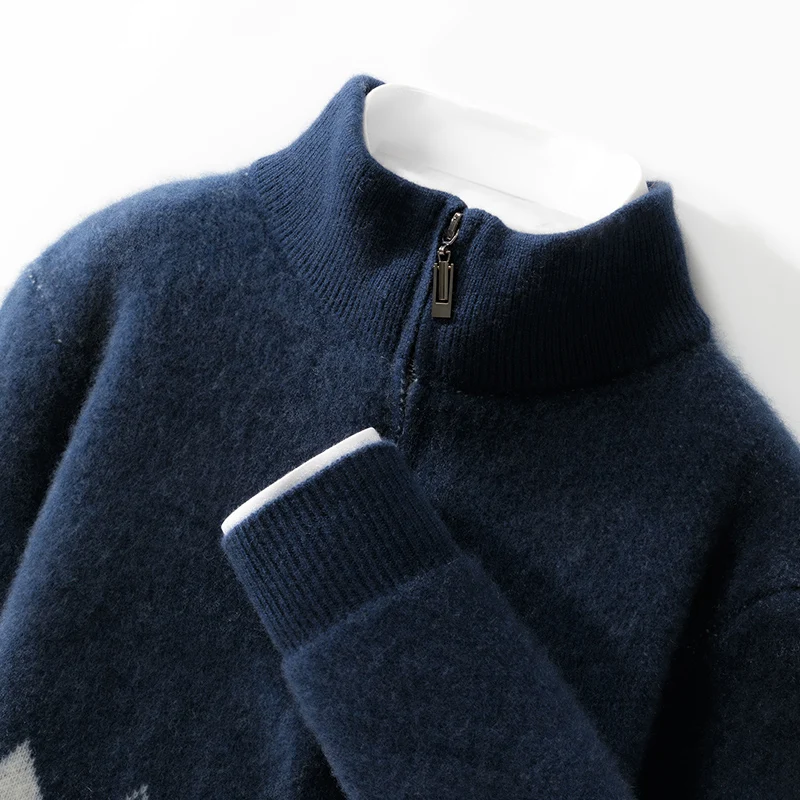 Autumn And Winter New Half-High-Neck Zipper Color Matching Pullover Pure Wool Sweater Casual Men's Knitted Cashmere Top