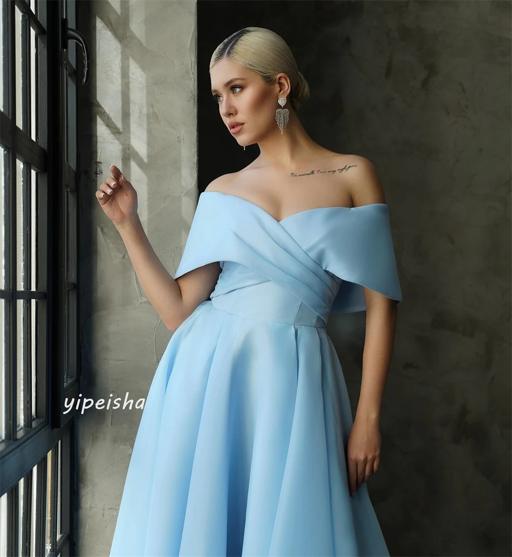 ที่กําหนดเอง Jersey Draped Pleat Criss-Cross ชุดราตรี A-line Off-the-shoulder Bespoke โอกาสชุด