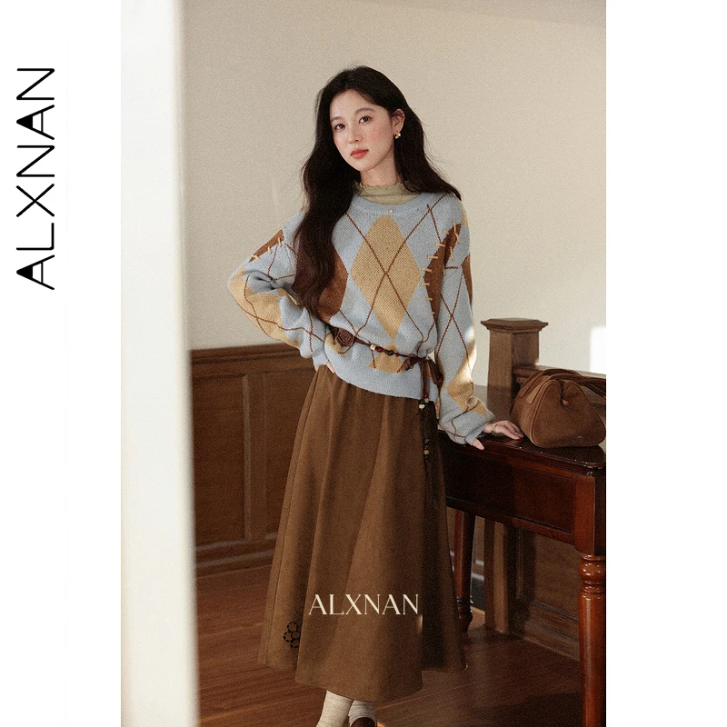 

ALXNAN Plus Size Khaki Skirt 2025 Elegant Autumn Long A-Line Pleated Printed Casual Midi Skirt High-waist Skirt Female D57717
