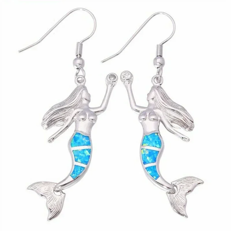 Crystal Mermaid Drop Earrings Zinc Alloy Vintage Geometric Blue White Design Dangle Earrings Crystal Drop Earrings