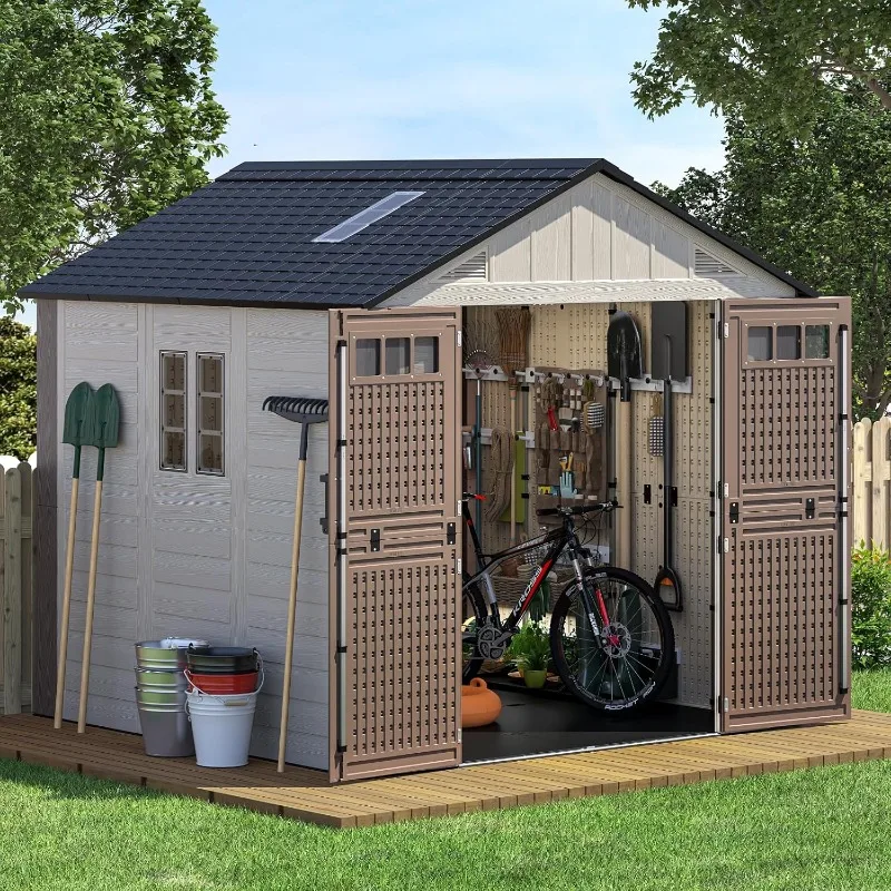 

8x8 FT Waterproof Outdoor Storage Shed with Floor, HDPE Material Heavy Duty Garden Shed with Window and Skylight, Khaki