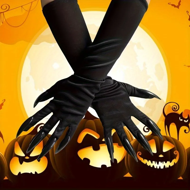 1 pair Halloween Witch Claw Gloves - Elegant Long Black Nail Gloves