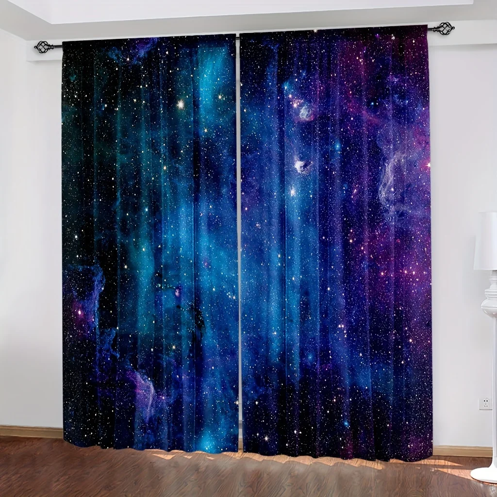 2pcs Galaxy Shining Stars Curtains,Rod Pocket Outer Space Starry Sky Star Printed Curtains,Window Drapes For Living Room Kitchen