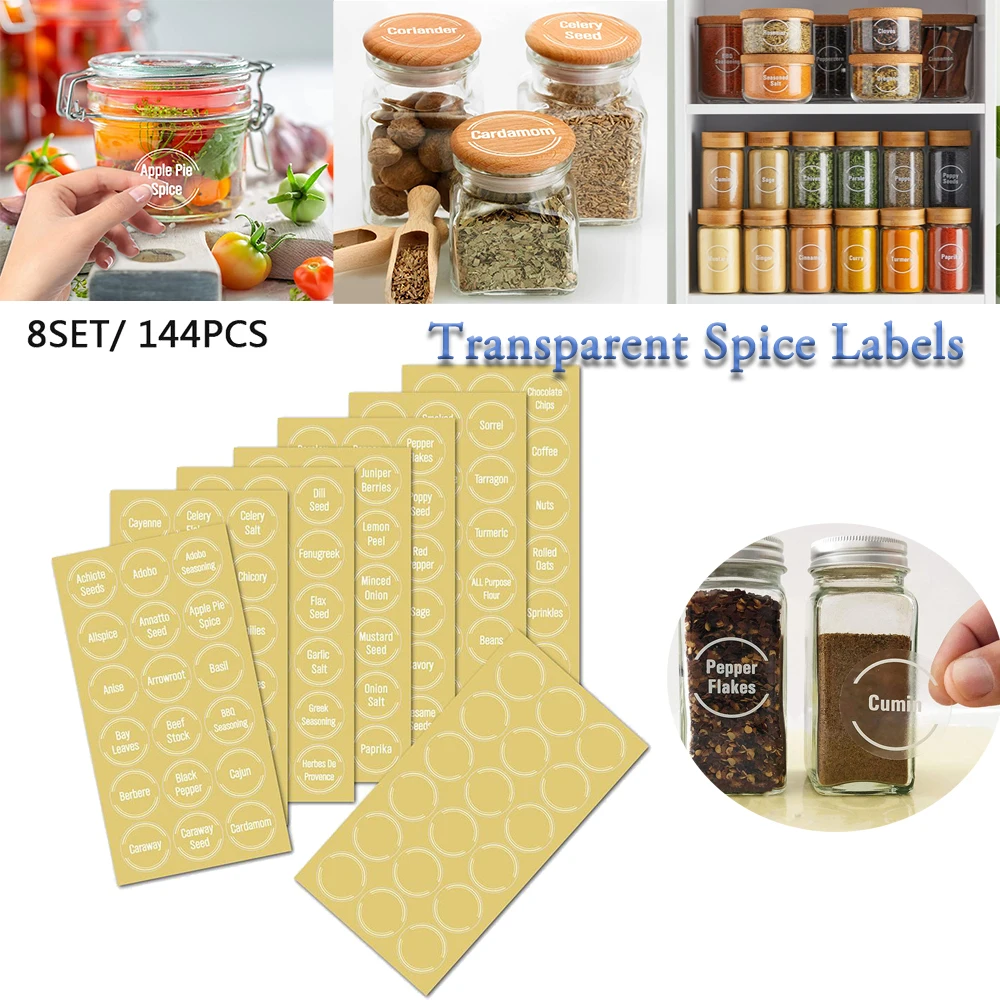 144 Pcs Transparent Spice Labels Oil-proof Stickers for Kitchen Jar Organization Food Labels Waterproof Kitchen Seasoning Names