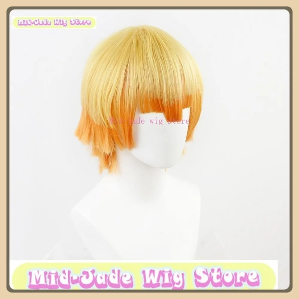 Wig Mid-Jed Toko Wig Cosplay Zenitsu Dewasa Demon Slayer Wig Sintetis Pesta Halloween Permainan Peran Anime
