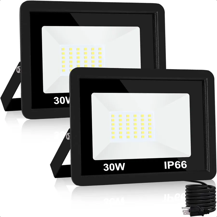 

30W LED Flood Light Outdoor LED Work Light Floodlight Fixture with Plug in IP66 Waterproof 6500K 2 Pack Security Light for Yard