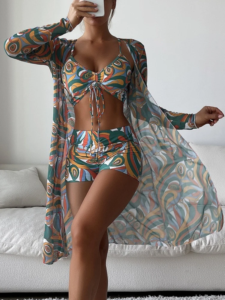 Sexy Bikini Beach Women's Hanging Neck Backless Printed Shawl Three Piece Sets 2024 Summer Latest Fashion Swimwear Split Style