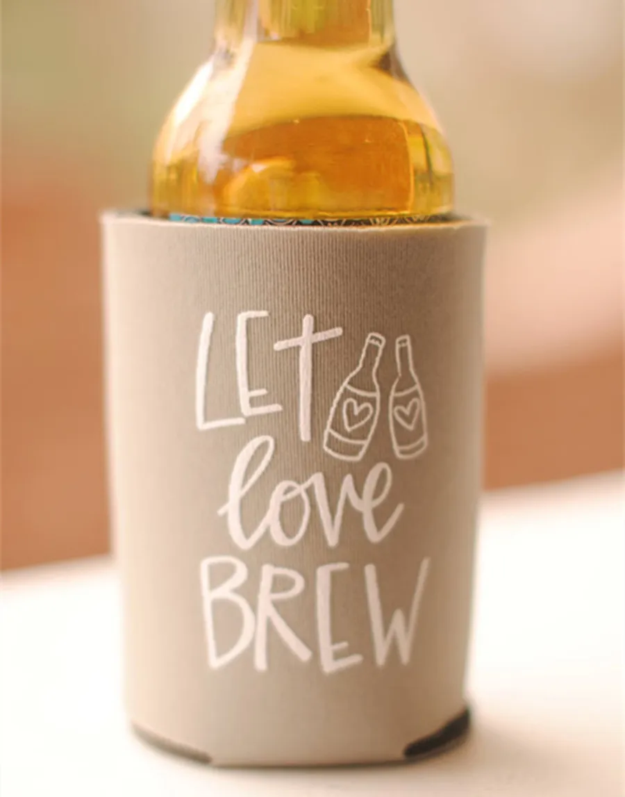 Wedding Favors - Let Love Brew Personalized Can Coolers, DIY Favors for Guests, Rustic Destination Wedding, Beer Insulators