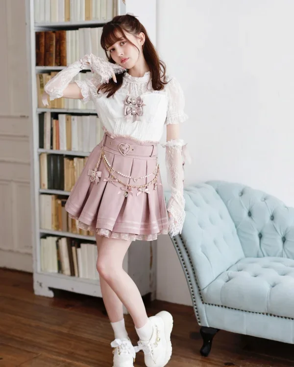 Japanese Style Diamond Heart Buckle High Waist Skirt Heavy Industry Mini Skirt Pearl Ribbon Bow Casual Lolita Skirt for Women