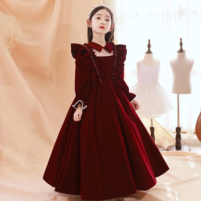 

Новогодние платья, весенне-осеннее красное элитное платье принцессы, свадебные платья с цветочным узором для девочек, детское платье для выступлений на фортепиано