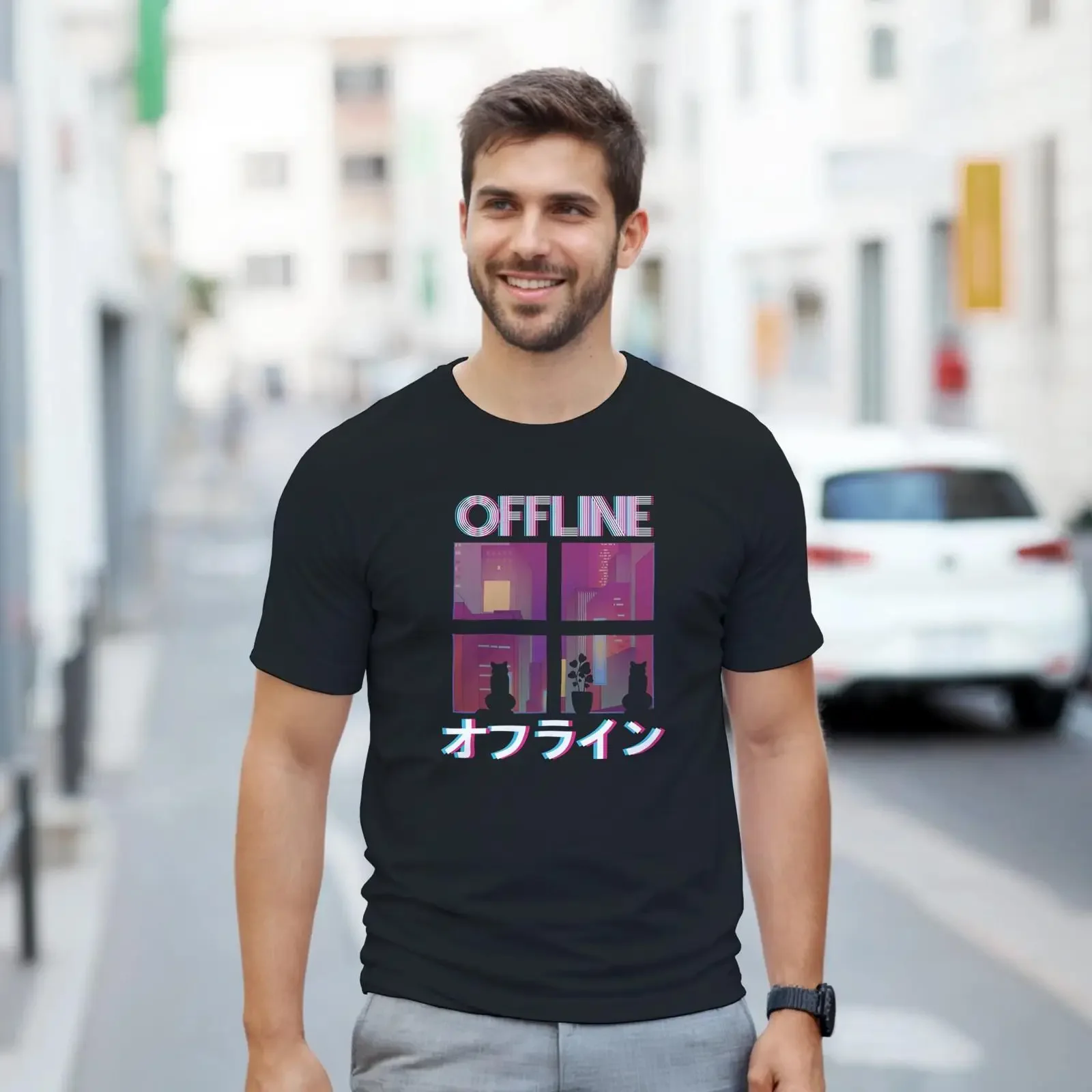 Vaporwave 80s retro aesthetic offline T Shirt vintage Washed Unisex homme graphic Slightly Versatile Soft Breathable