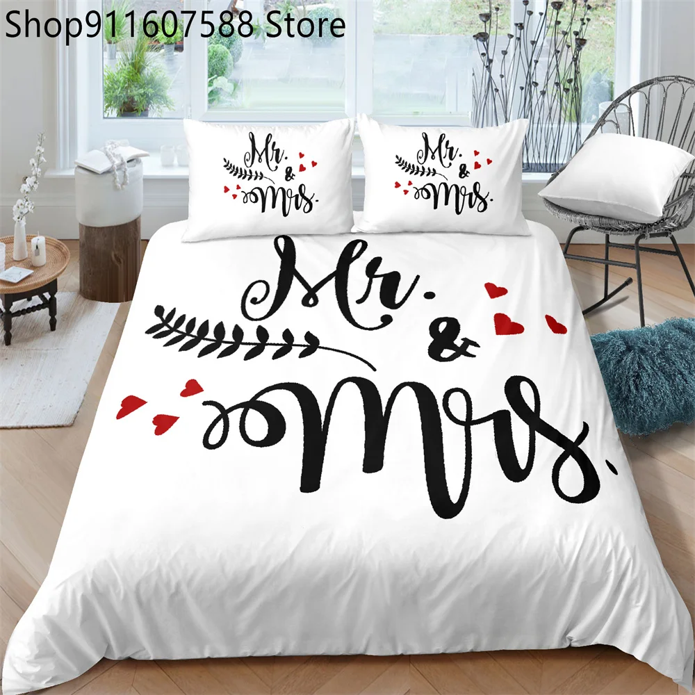 Mr and Mrs Duvet Cover Set Queen King Size Red Lips Couple Romantic Theme Comforter Cover for Lover Microfiber Bedding Set