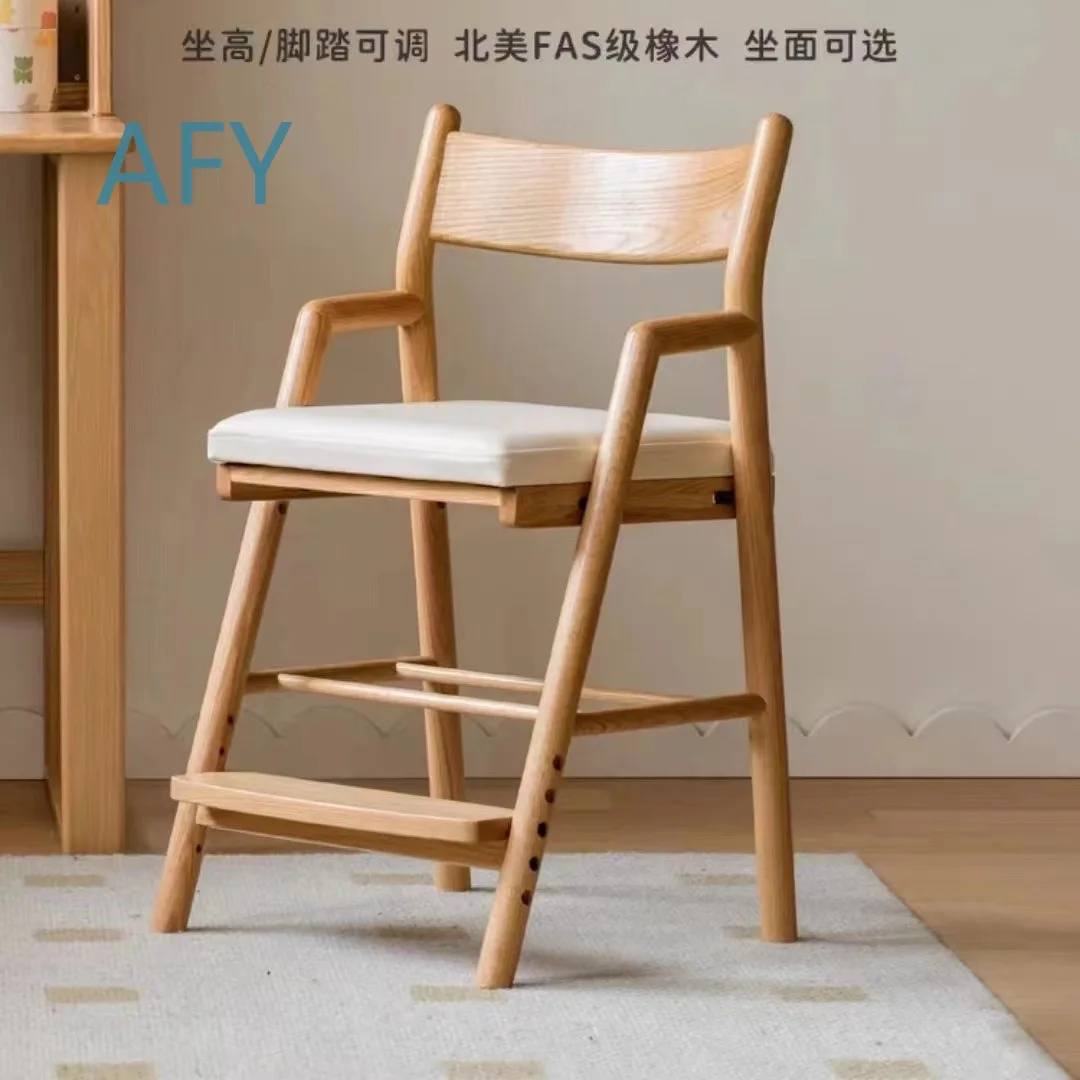 Solid Wood Study Chair for Kids Adjustable Lift Writing Chair for Students Oak Wooden Chair with Wood Wax Oil Finish