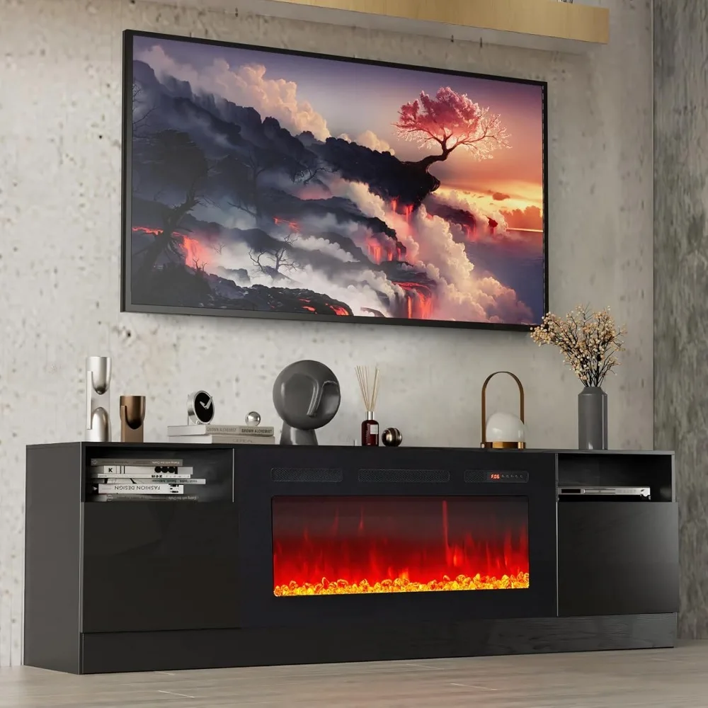 Porta TV per camino, camino elettrico da 36 ", centro di intrattenimento con luce a LED, supporto per intrattenimento con struttura in legno, armadietti