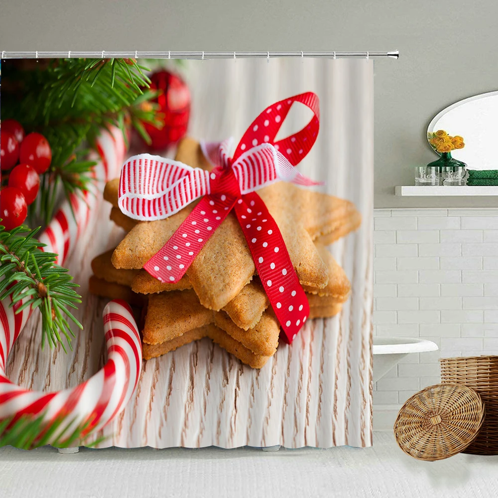 2022 New Bathroom Shower Curtain Christmas Gift Cookie Pattern Home Bathroom Waterproof Curtain Christmas Decoration Banheiro