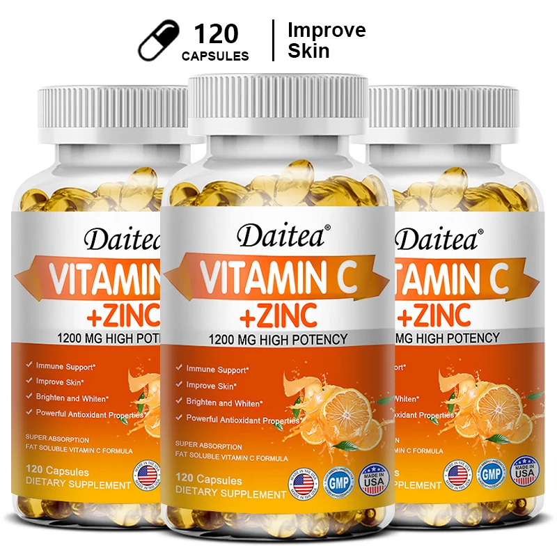 Premium Vitamin C + Zinc Capsules - Antioxidant, Promotes Cellular Energy Production and Collagen, Promotes Skin Health