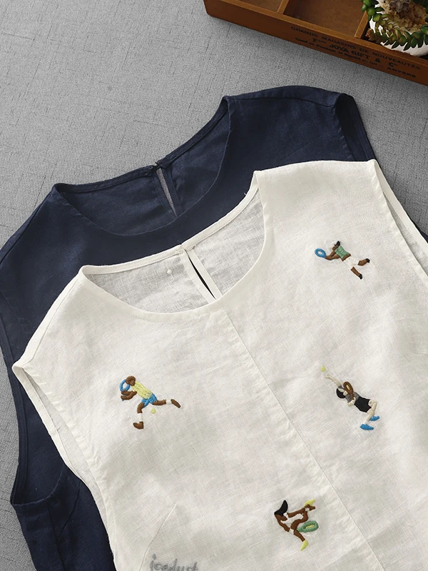 Retro Embroidered Abstract Pattern Svel irt Large Size Women's Casual Linen Vest Summer Faionable Versatile Commute...