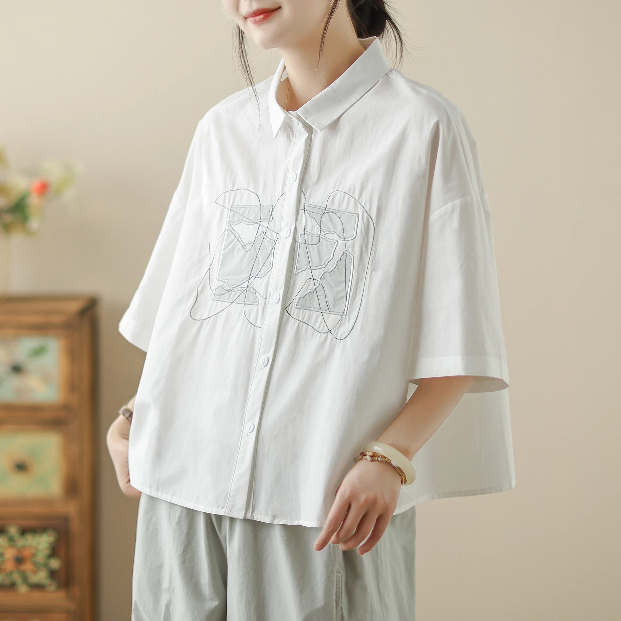 Korean Japanese Cotton Linen ort Sve Embroidered irt Youthful Design Summer Pure Cotton irt for plus Size Women