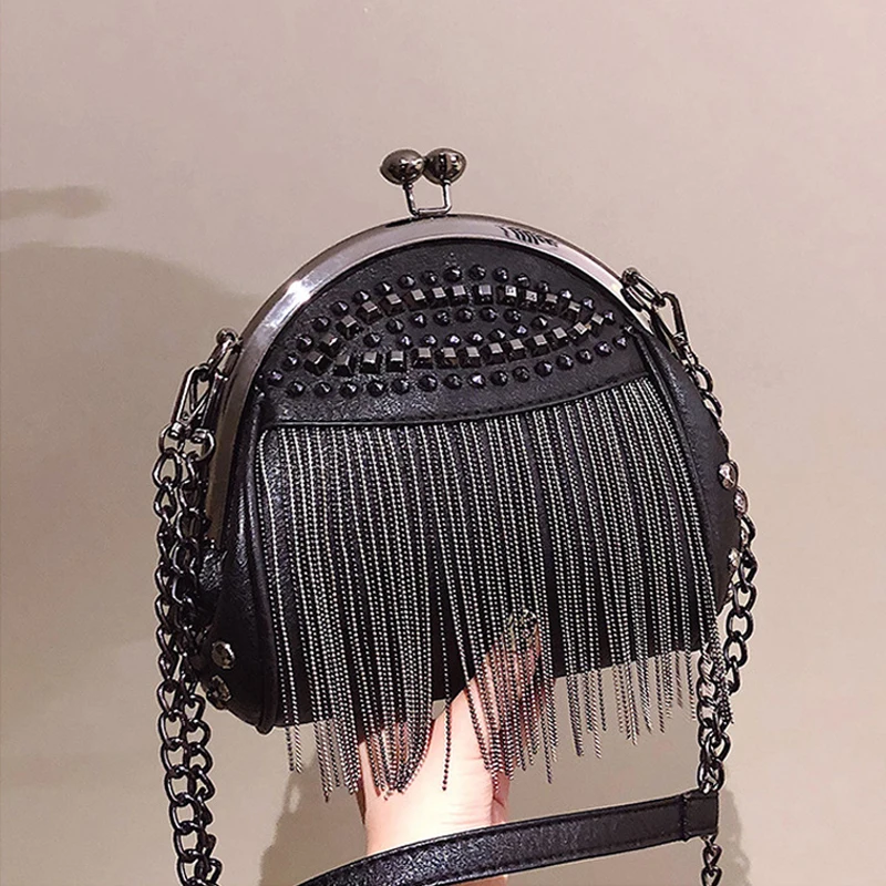 

SHELKSBAG Classic Fashionable Studded Fringe Crossbody Bags Women Gothic Style Elegant Chain Strap Shoulder Tassel Shell Bag