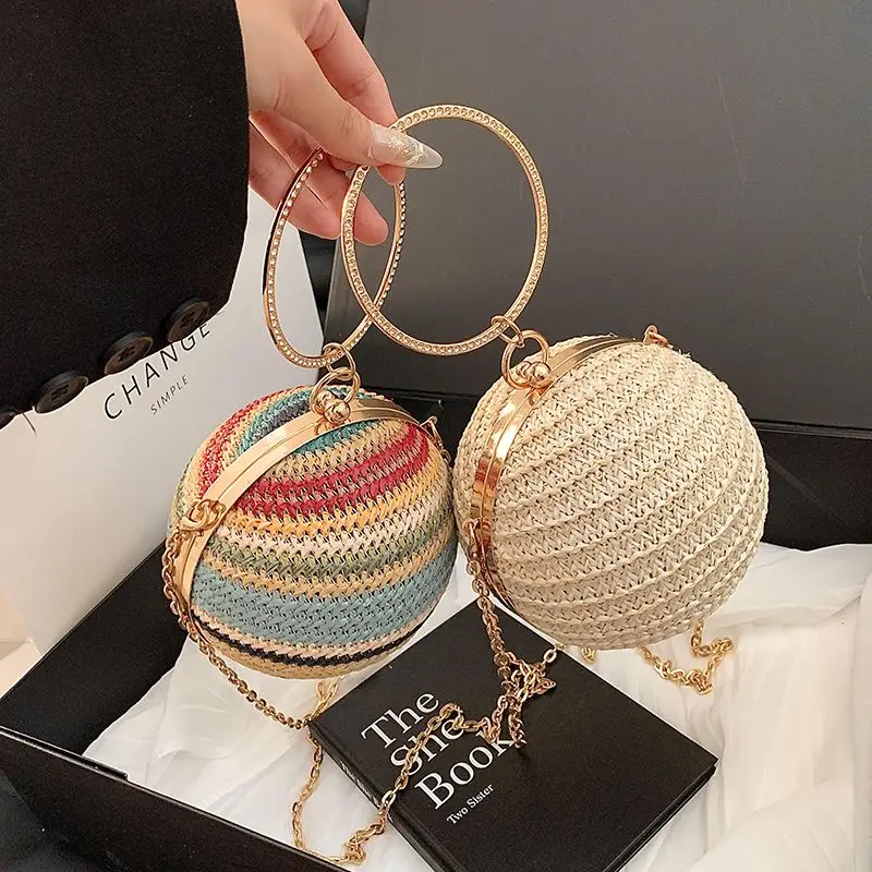 

Ladies Spherical Straw Woven Clutch Bag Fashion Shoulder Messenger Bag Korean Round Women's Bag Luxury Purse Party Handbags