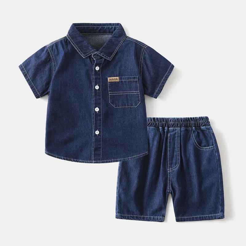 Summer Children Suit Wholesale2024Summer New Denim Short Sleeve Suit Boy's Clothing One Piece Dropshipping