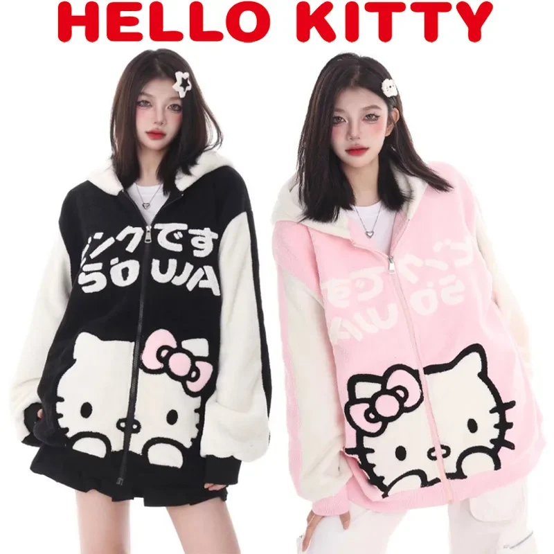 Sanrio Hello Kitty Plush Jacket Women Autumn Winter Korean Long Sleeve Hooded Coat Thick Warm Couple Streetwear Outerwear Gifts