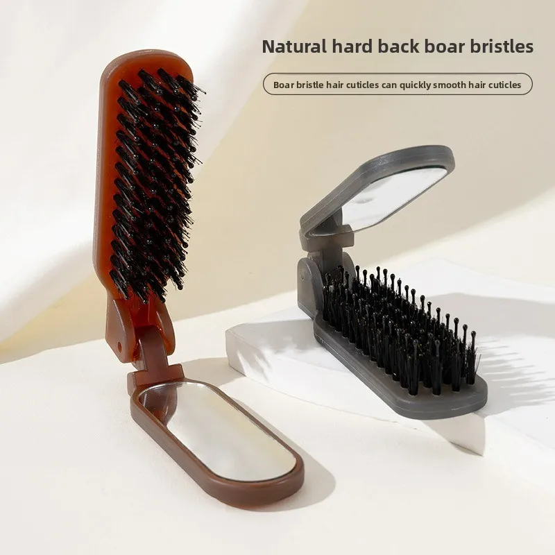 

Boar Bristle Foldable Comb, Portable Travel Hair Comb, All-in-One Small Comb for Girls, Makeup Touch-Up and Styling Mirror