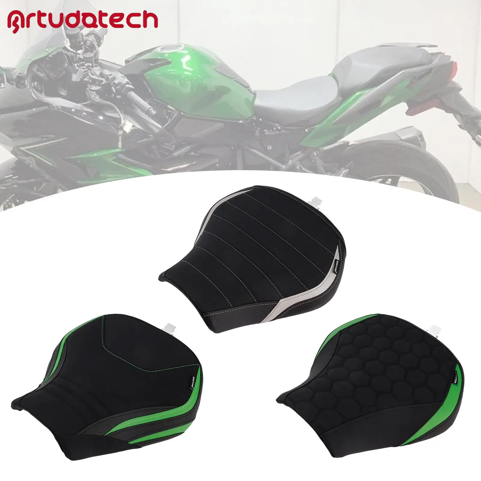 Artudatech Front Driver Seat Raider Cushion Fits for Kawasaki Ninja H2 Sx 2022 2023 2024 2025 Green/Gray