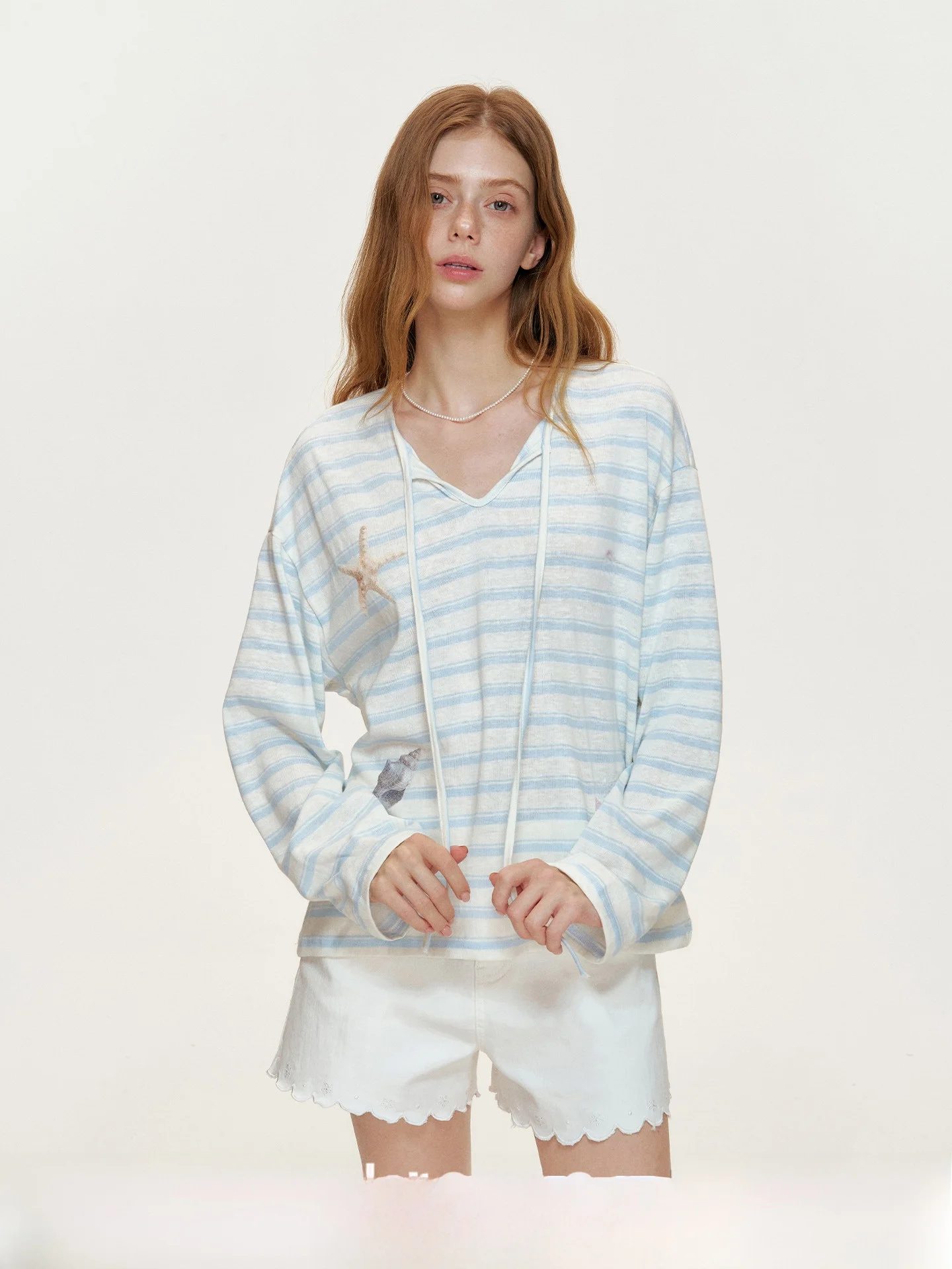 

Kroche Summer Blue Sea Conch Starfi Print Belted Striped Loose Long Sve Cover up Cotton Polyester Blend T-irt for Women