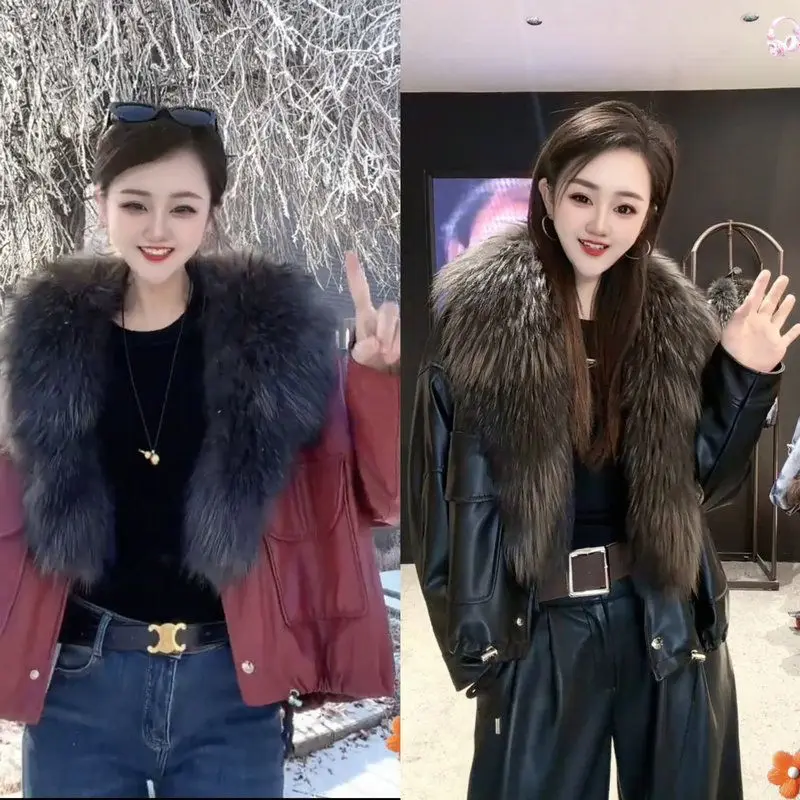 

Faionable Thiened Long Sve Fur Collar Leather Jaet Корейское теплое новое поступление Bla Высококачественное зимнее пальто