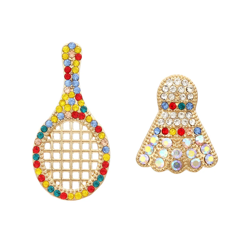 Exaggerated creative colored diamond badminton racket earrings earrings, personalized asymmetrical alloy diamond-set earrings, e