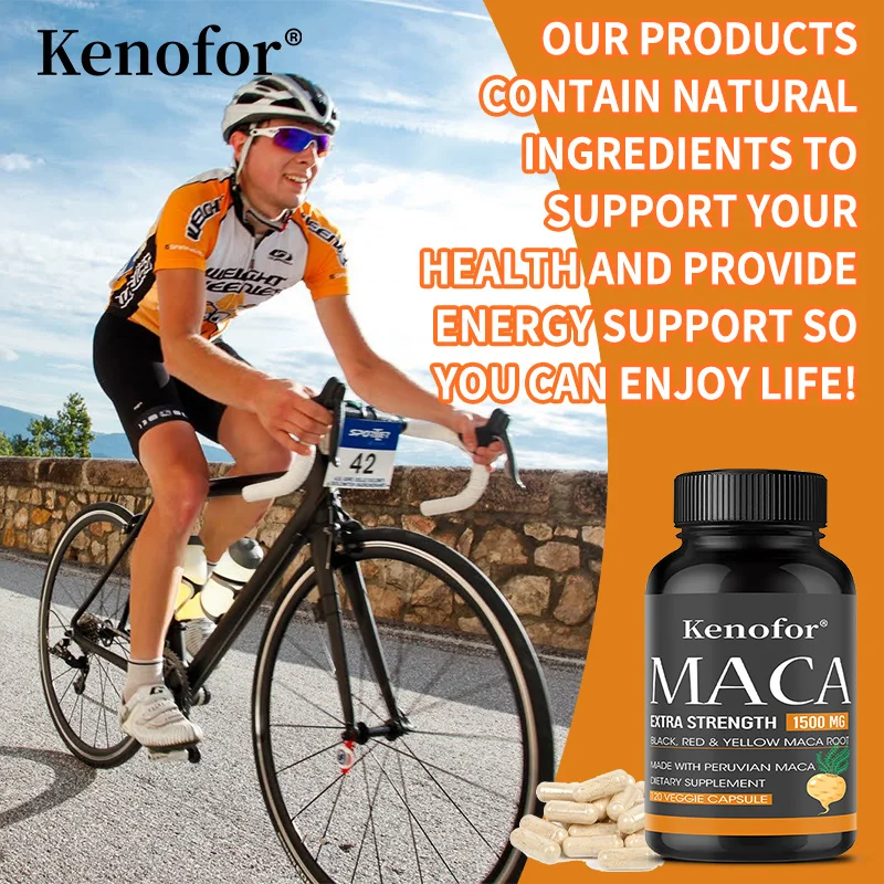 كبسولات الماكا العضوية، تحتوي على مستخلصات جذر الماكا باللون الأسود والأحمر والأصفر لتعزيز الطاقة والقدرة على التحمل وكتلة العضلات