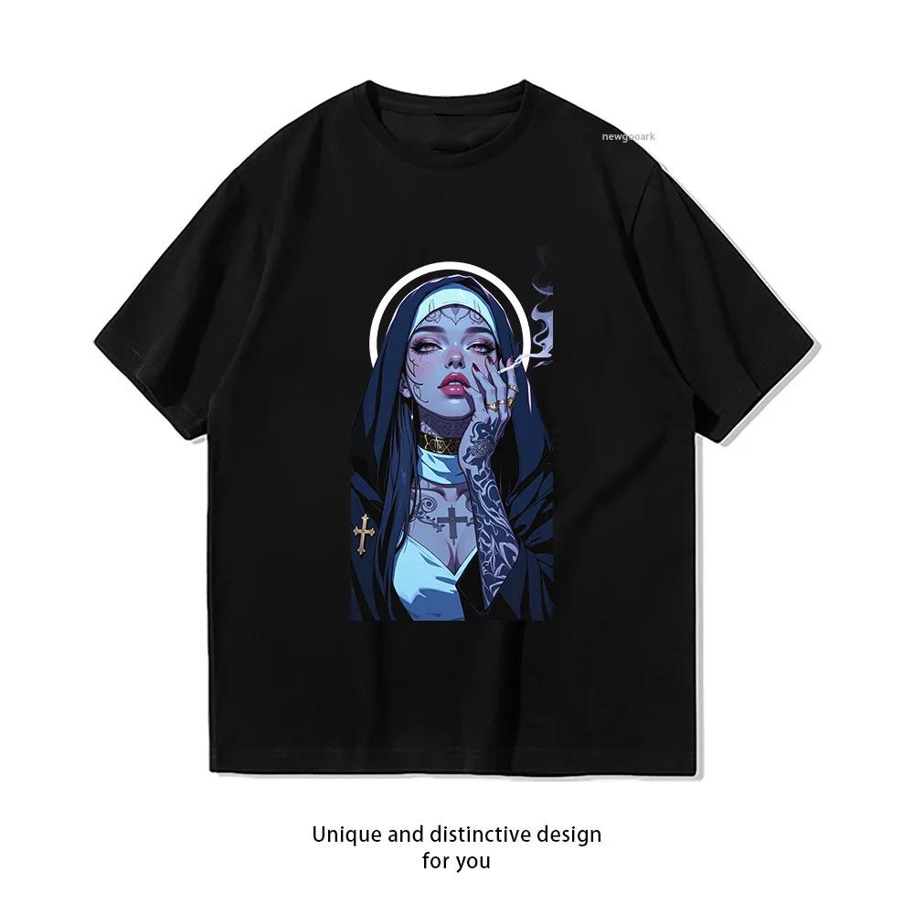 Nun Rebel Tattoo Smoke  Casual Cotton Short Sleeve Tee for Men Women