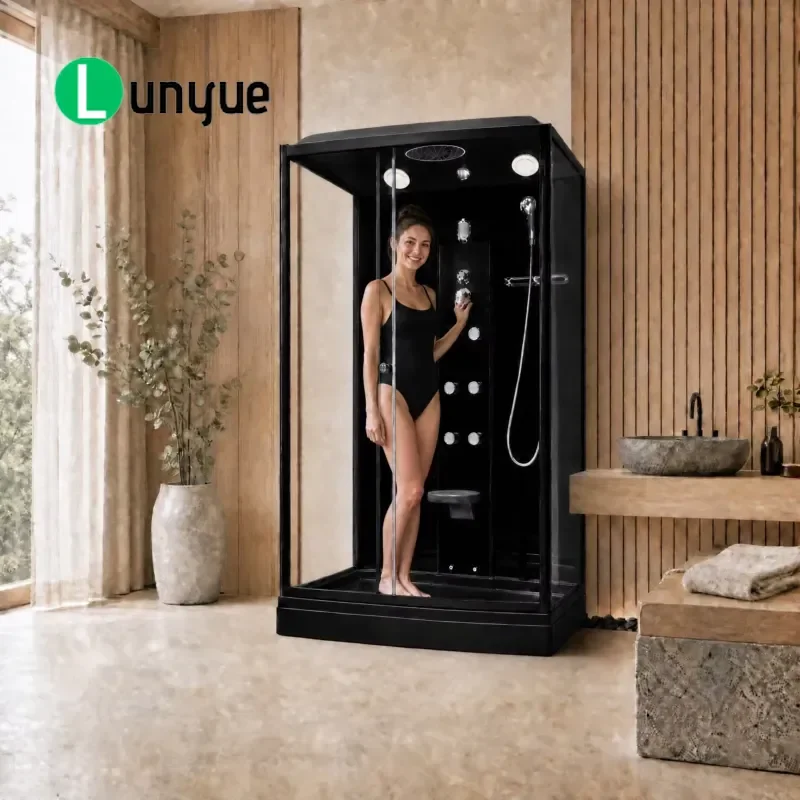 Luxury Black Framed Rectangular Acrylic Quarter Arc Shower Enclosure Sliding Steam Room With Massage Nozzle For Hotel