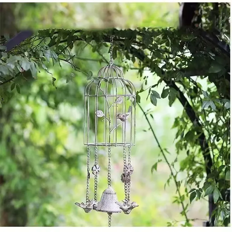 Retro Style Cast Iron Bird Cage Wind Chime for Garden Courtyard Balcony or Villa-Hand Bell Ornaments for Home Decor