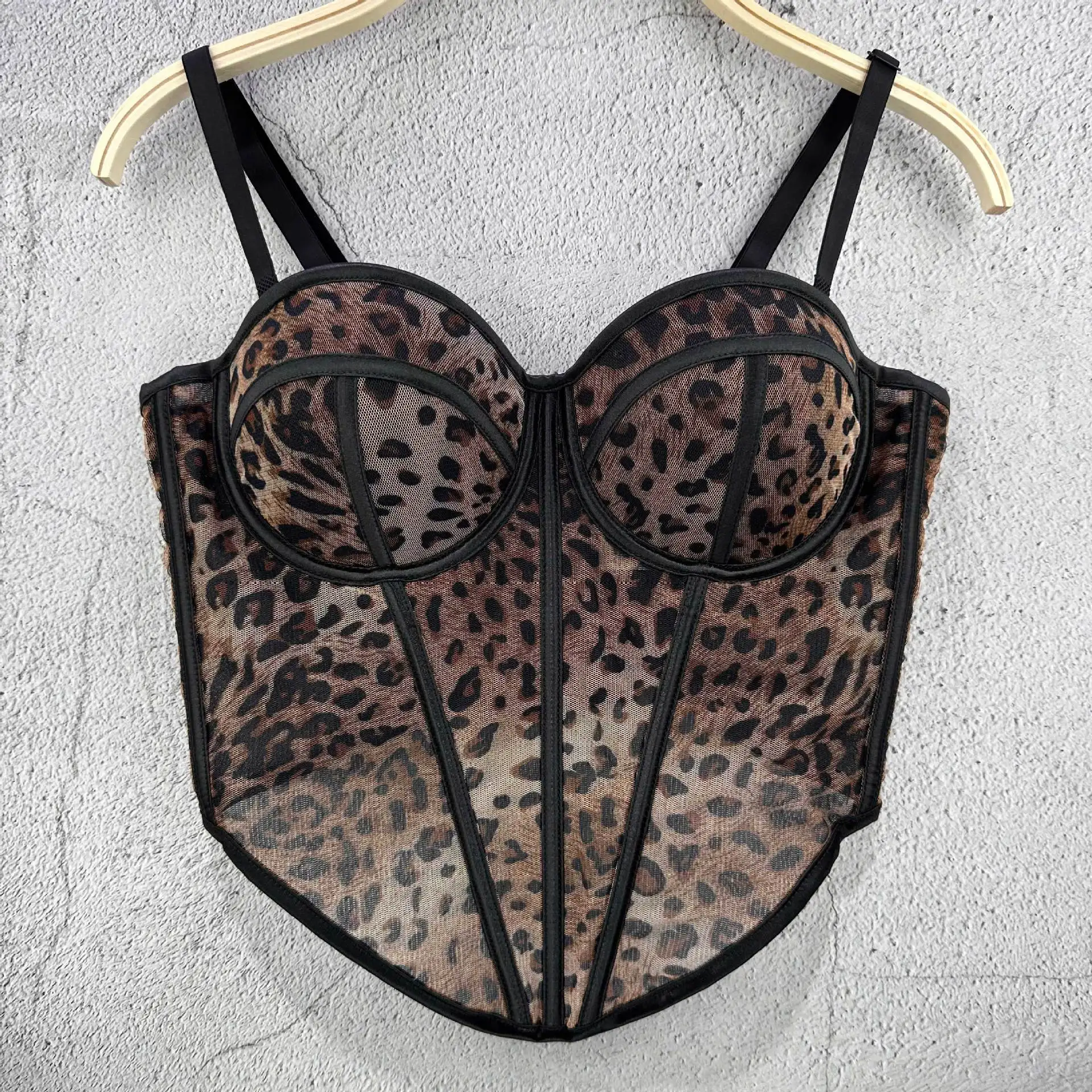 Wear Leopard Print Top Niche Design Splicing Fishbone Lace Mesh Yarn Perspective Mesh Yarn Small Vest