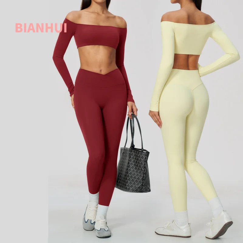 Women 2 Piece Yoga Workout Set Off Shoulder Long Sleeve Crop Top V Cross High Waist Leggings Seamless Fitness Outfit Suit