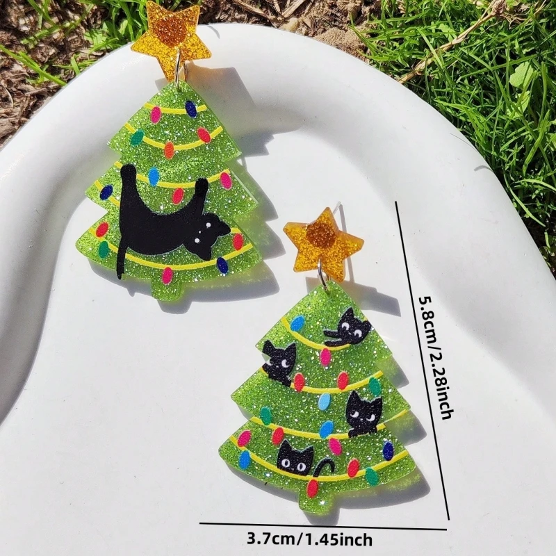 KUGUYS Christmas Gifts Lovely Women\'s  Drop Earrings Cartoon Cat Tree Acrylic New Year Jewellery