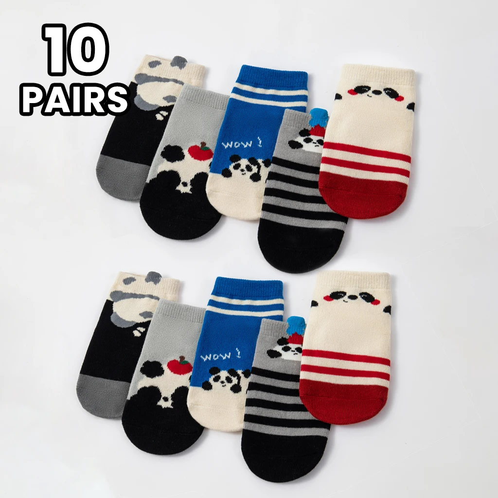 10 Pairs Cute Panda Kids Ankle Socks Striped Soft Cotton Toddler Boys Girls Short Socks Infant Casual Daily Wear Kid Socks