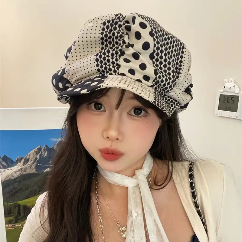 

Retro Black and White Color Matching Polka Dot Printing Newsboy Hats Women Spring Summer Travel Versatile Casual Berets Cap