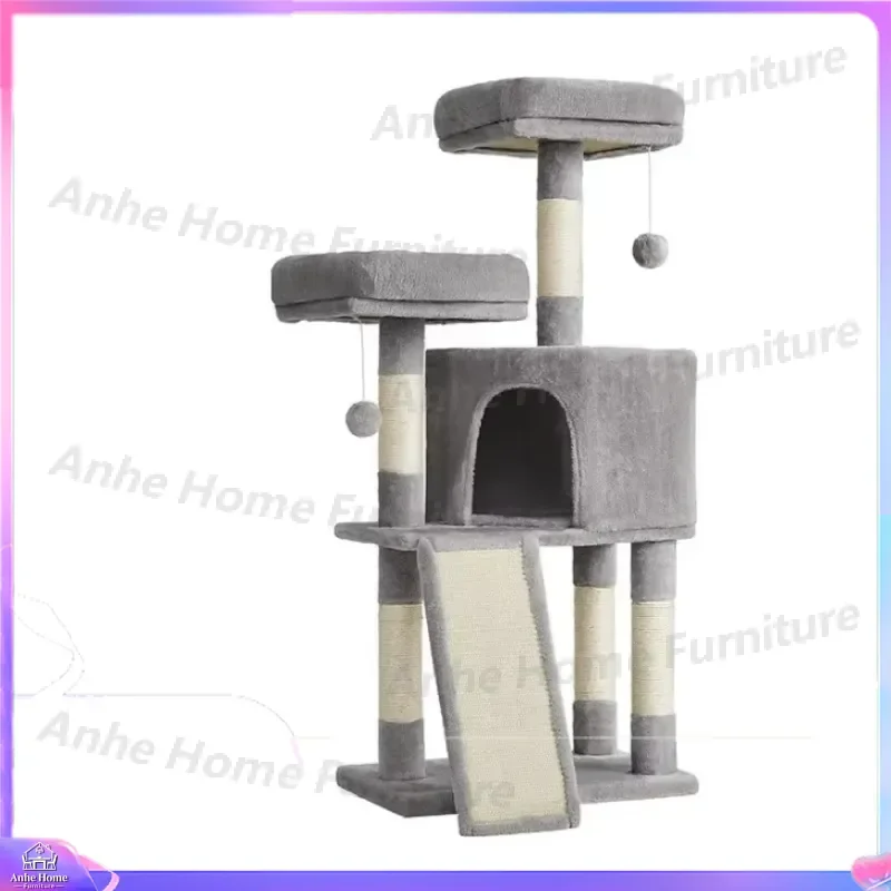 Grey Cat Tree with Cabin Plush Perch Hanging Ball Space Saving Sturdy Indoor Cat Tower for Small Apartments Cats Furniture