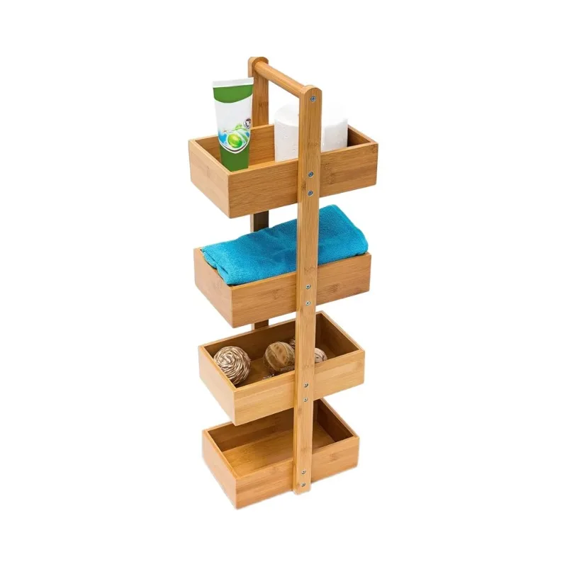 Modern 4-frame bamboo stand-up shelf Easy installation Bathroom shower box with 4 baskets 4-layer storage solution