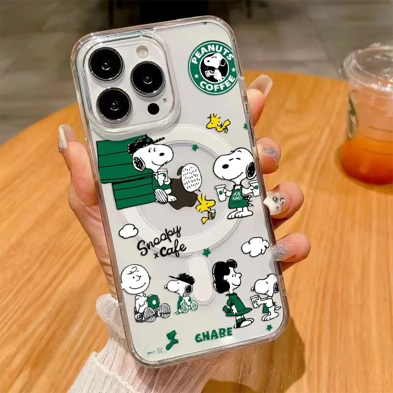 

Cute Cartoon Snoopy coffee Magsafe Wireless Charge Phone Case For iPhone 11 12 13 14 15 16 Pro Max Plus 13 mini Magnetic Cover